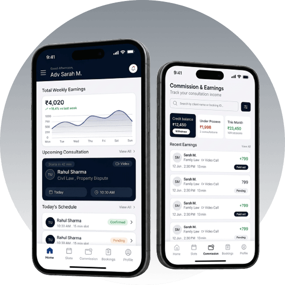 The Ask My Lawyer app, showing earnings and upcoming consultations