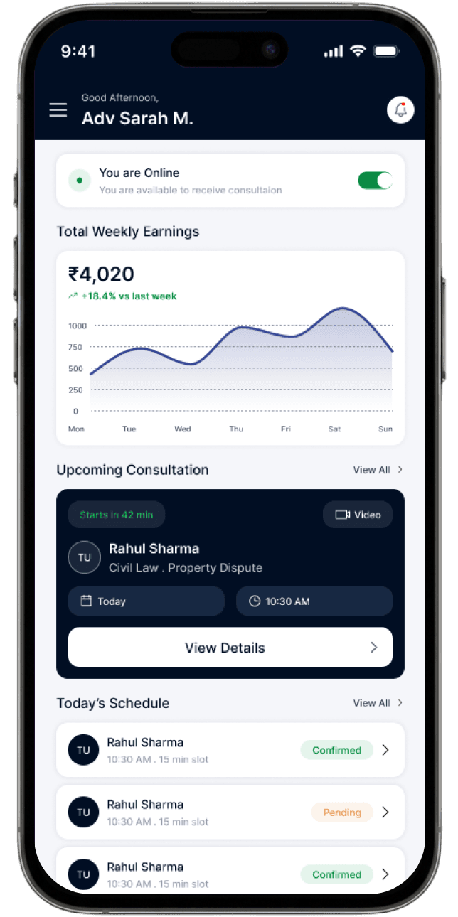 The Ask My Lawyer app, showing a lawyer's weekly earnings and schedule